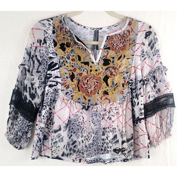 Anthropologie Mathilda Blouse Balloon Woman's XXS Sleeve Mixed Print Floral Boho - Picture 1 of 12